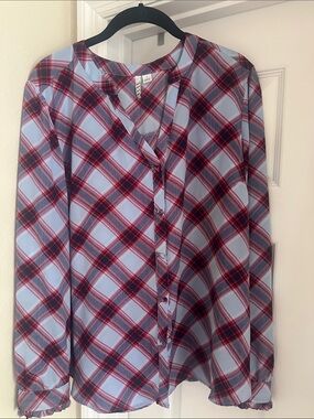 ELLE Plaid Button-Front Blouse in Light Blue and Red